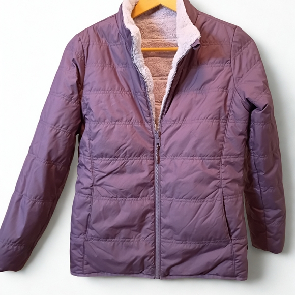 Athleta Girl Reversible Warm Fuzzy Jacket XXL 16 Purple Puffer Fleece Coat